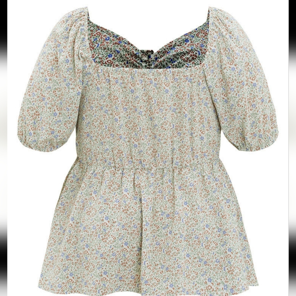 BloomChic Ditsy Floral Puff Sleeve Ruched Drawstring Blouse - Picture 9 of 12
